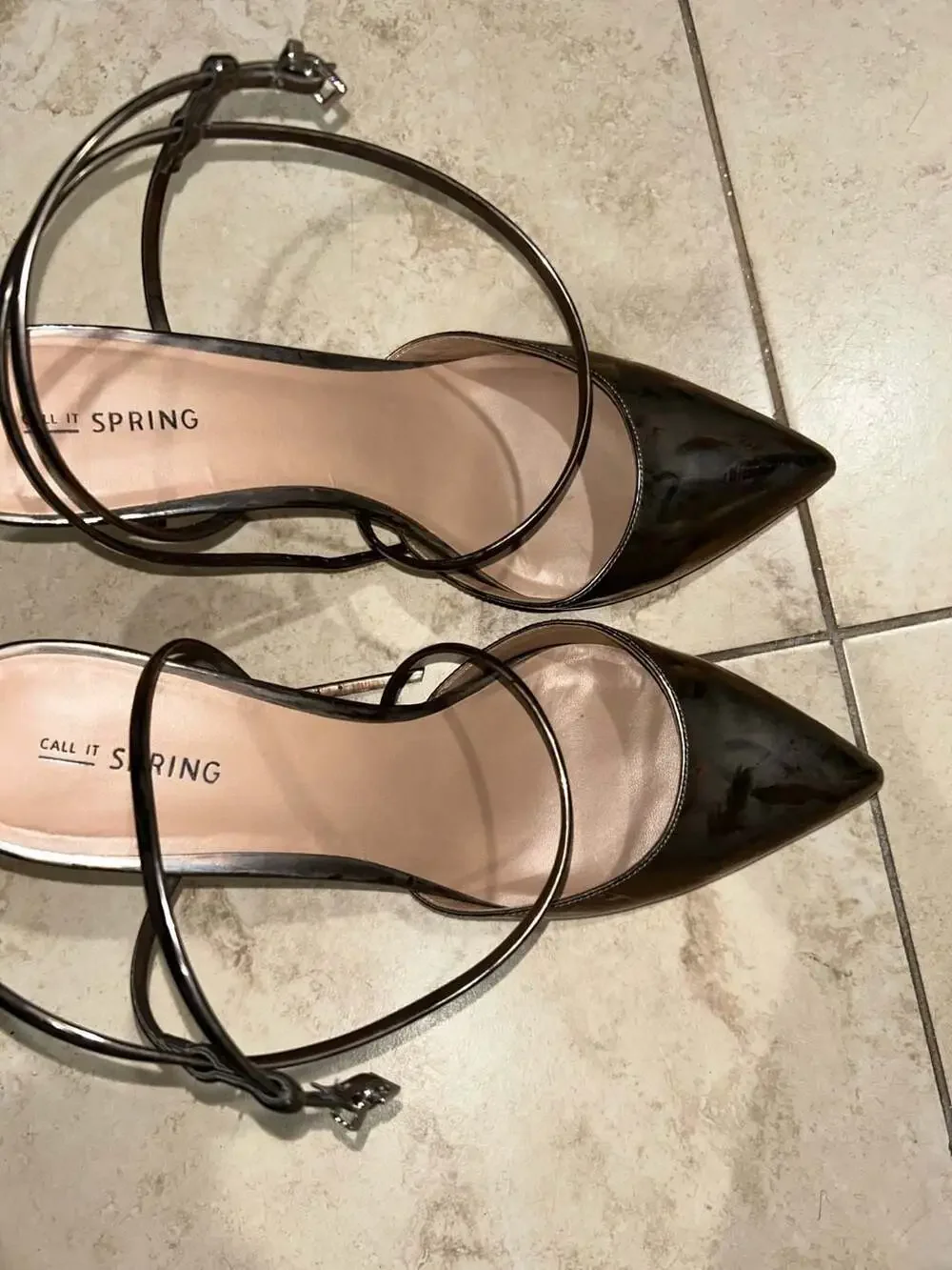 Call It Spring Gunmetal Metallic Pointed Toe Ankle Strap Stiletto Heels